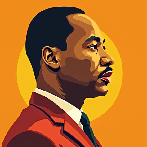 Create a vibrant Pop Art-style profile portrait of Martin Luther King Jr., a classic 70s-style suit with sharp lapels. Highlight his iconic facial structure and distinguished appearance. Use a warm, limited color palette of orange, yellow, and brown, with ...