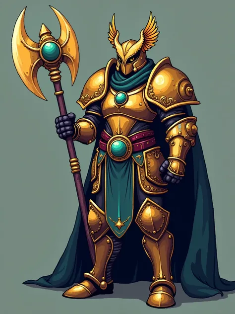 PIXELART PALADIN USING A GOLDEN AXE WITH A GREEN ORB IN THE CENTER WITH THICK HEAVY ARMOR , capa branca ,  golden armor  ,  OWL HELMET WITH LARGE WINGS ON HELMET  ,  CLOTHING UNDER BLACK ARMOR  , ROUND BLUE ORB BELT 
