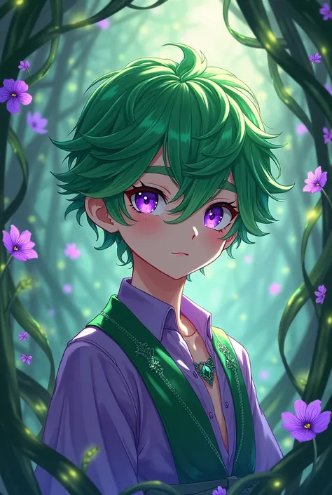 Green and purple themed anime boy