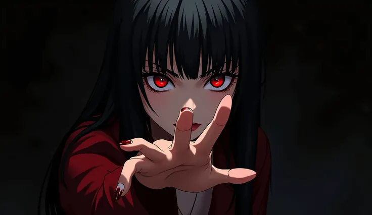 Pacmania logo of the hand of a girl with long black hair with straight bangs and red eyes