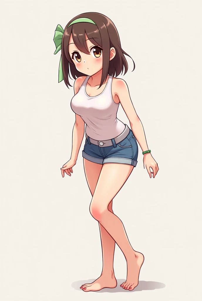 Draw a slender anime girl with big thighs and very small breasts and very short shorts to show everything