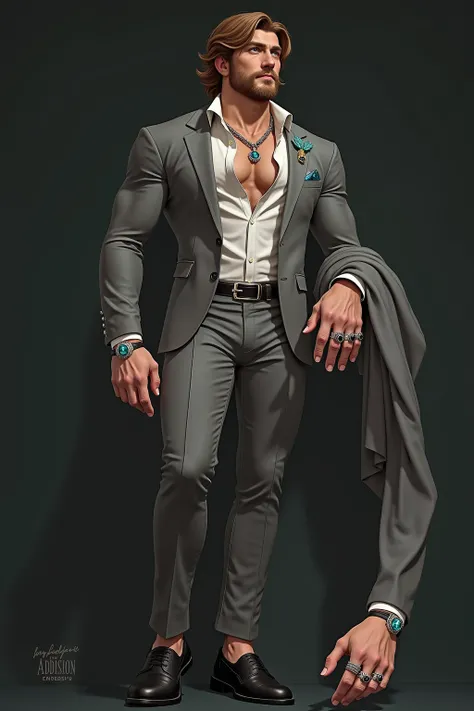 Create a male person with the body of a Greek god who goes to the gym 24 / 7 and is big enough to be muscular that the hair color is light brown eyes too light gray suit with white shirt left hand Rolex black right hand three rings turquoise necklace that ...