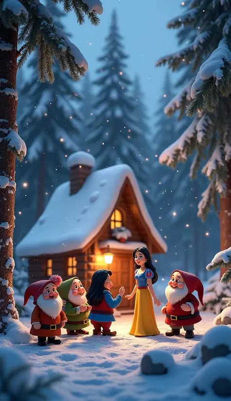 The characters Snow White and the 7 dwarfs are standing in front of a small house in the forest, they are singing merry Christmas. Background of heavy snowfall, sparkling decorative lights