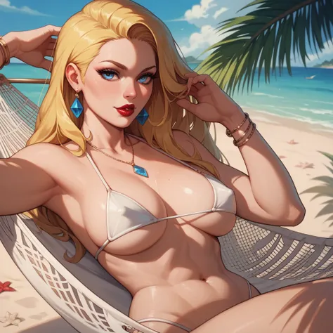 36 year old beautiful white woman ,  sexual bikini costume color Rojas, long yellow hair, blue eyes,Red lips,This is a hammock on the beautiful beach 