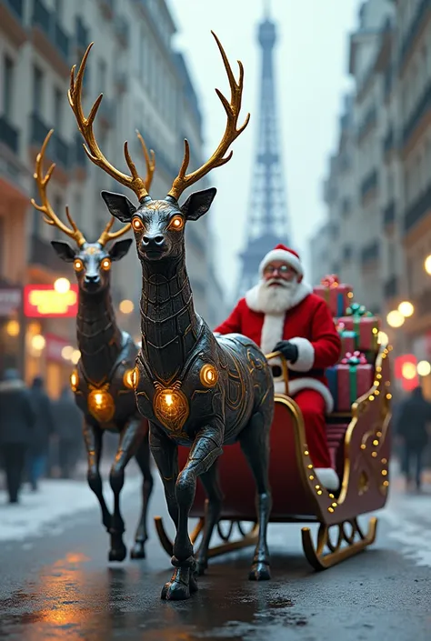 Tansformers deer sledg riding santaclauce with gifts wearing spex through modern paris
