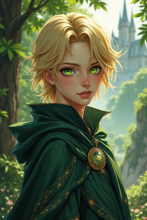 Create me a medieval fantasy male manga character with blond hair and green eyes a bit feminine 