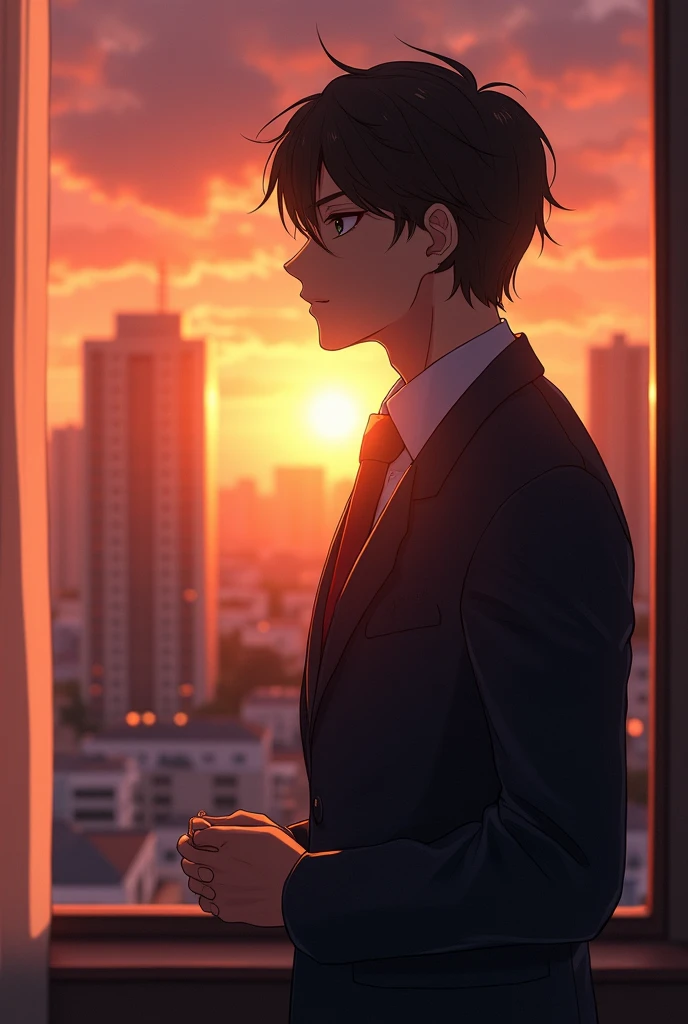 Profile of a man in a suit 。 black hair, Age 35,((sincerity)), by the city hotel window。anime , ((sunset)), Coffee