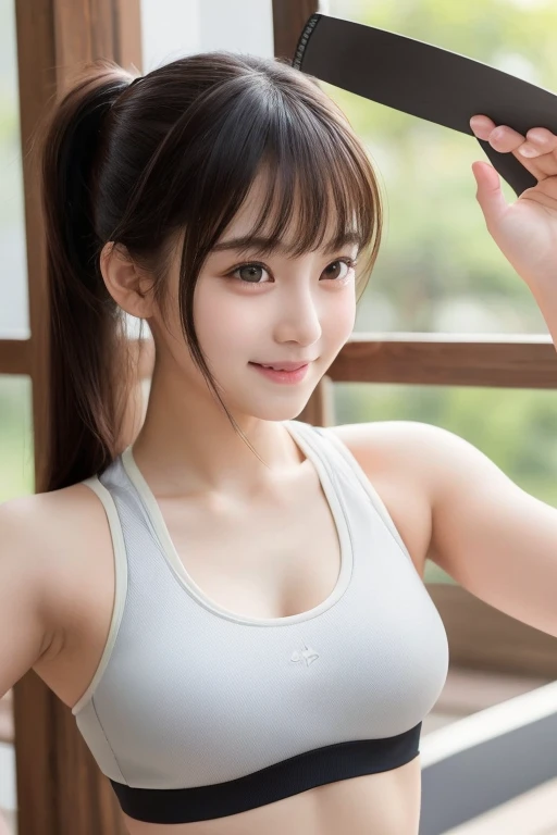 ((( top quality )))　(( Masterpiece))　live-action　(((Realistic beautiful girl)))　 Japanese girl　((( cute faces )))　(Baby Face)　( looks like a top idol)　(( short spats))　(((Sports bra)))　Beautiful sports girl　(( slim figure))　 ponytail　Creating Bangs　(( is s...