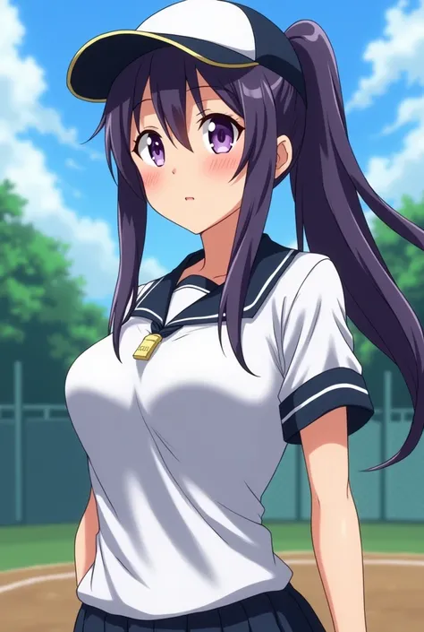 Japanese animation style、 high school girl、Wearing a tight uniform、 Baseball Cap 、 Practice Area、Dark Purple Long Hair、single ponytail、 purple pupils、 full breasts 、From Taiwan