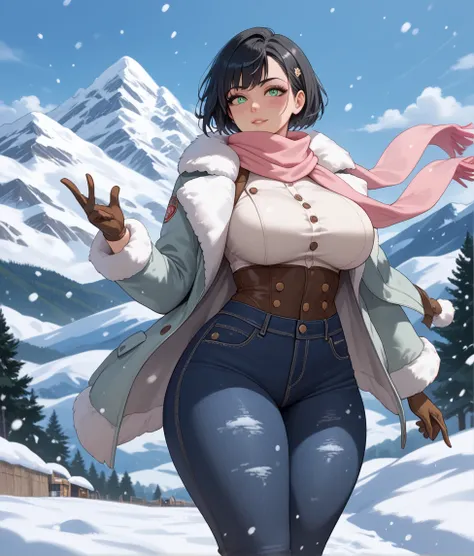  a girl with black hair, light green eyes,  short hair,  wear a winter coat , a pink scarf , dark blue jeans ,  gloves and boots for the snow ,  big breasts,  very large thighs ,  in the background of a parked bus and in the distance you can see mountains,...