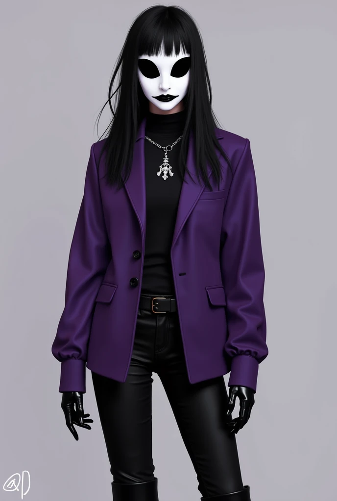  A black-haired girl wearing a white mask with black eyes and mouth, wearing a purple jacket , black pants and black boots and black gloves 2d version