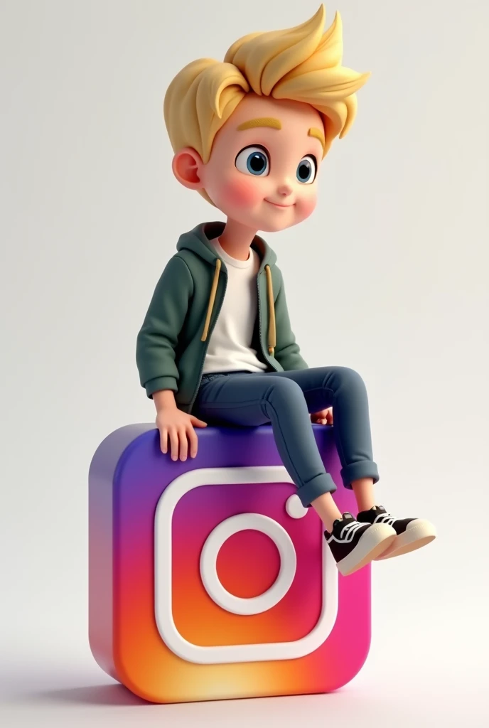  Create a 3D illustration of an animated character sitting casually atop a social media logo "instagram".  the character must wear modern clothes ,  and social  ,  short blond hair with a social cut ,  the character is a white-skinned young man .  The back...