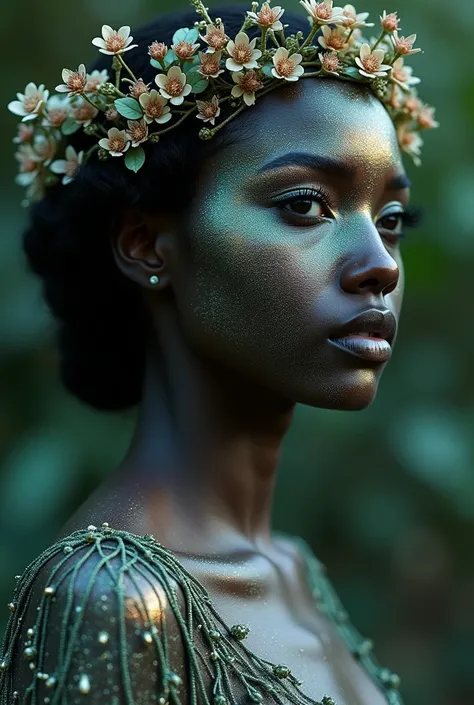 Your black skin,  It was filled with the tones of the universe ,  but not only that ,  her silver freckles , like stars,  connected as constellations ,  dancing over her face and exposed skin .  Her eyes were two suns , without pupils,  just two suns on a ...