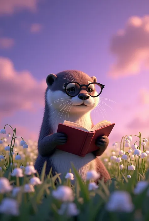 Otter1, who is reading, is in the field of lilies of the valley and the purple sky