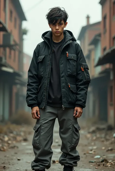 A teenage boy using black work jacket boxy parachute with grey cargo pants 