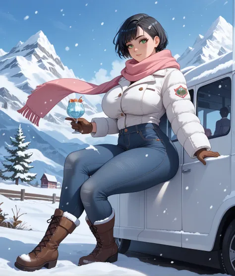  a girl with black hair, light green eyes,  short hair,  wear a winter coat , a pink scarf , dark blue jeans ,  gloves and boots for the snow ,  big breasts,  very large thighs , They are inside a bus and in the distance you can see mountains,  its snowing...