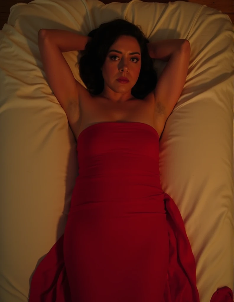 Aubrey Plaza, picture from above, lying limp on a bed on back, red strapless dress , drunk face, arms up