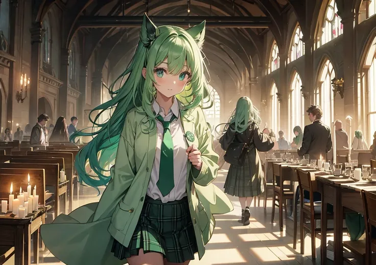 Create a scene where a girl with mint-green hair styled in soft waves is walking into the Great Hall at Hogwarts. She’s wearing a house robe with a house crest, a white collared shirt, a tie, and a plaid skirt. The hall is filled with floating candles and ...