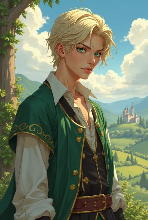 Create me a medieval fantasy male manga character with blond hair and green eyes jeune et ressemblant un peu a une fille