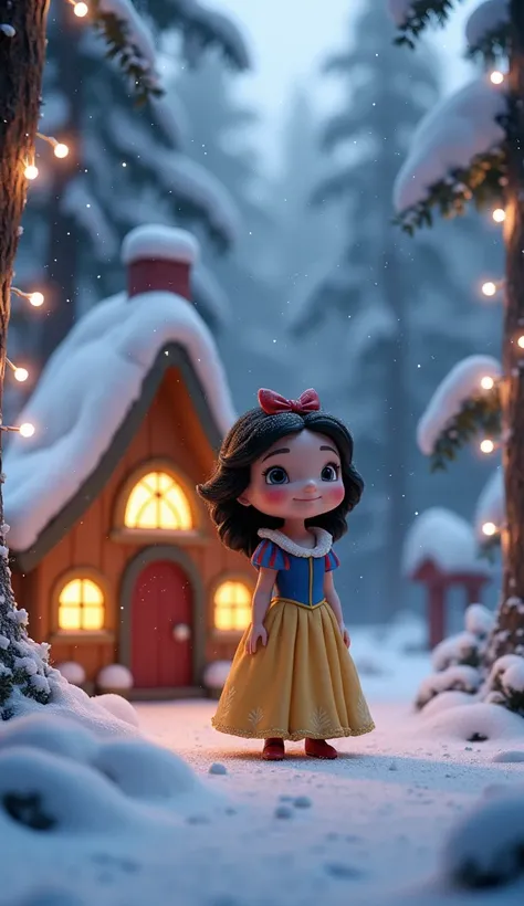 The character Snow White is standing in front of a small house of seven dwarfs. Background in the forest, heavy snowfall, sparkling decorative lights. 3D animation drawing format