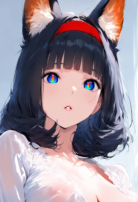 1girl,solo, bangs, parted lips, blunt bangs, black hair, lips, portrait, medium hair, blue eyes, looking at viewer, cute, high detailed, eyelashes, red hairband, breast, long fox ears, orange pupils, soft red eyes, animal_ears_fluff, upper body, white shir...