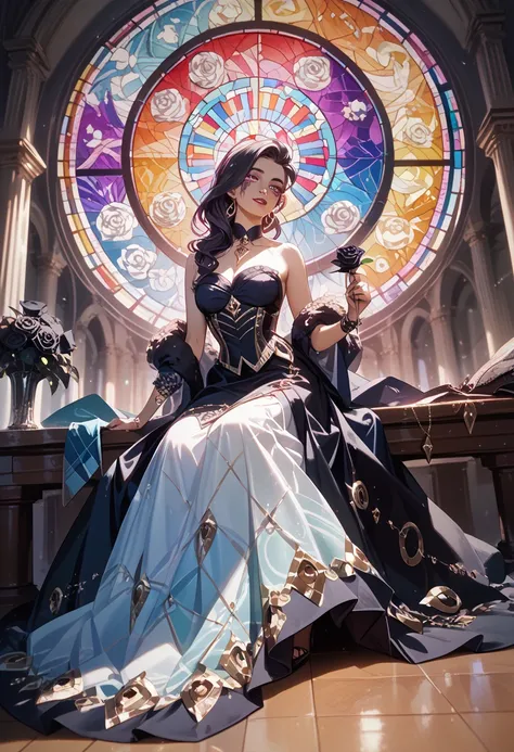 1mulher, Sitting gracefully on the floor, colorful stained glass, moonlight, take the key, A MELANCHOLIC, long dress ,  holding a black rose, marks on your eyes 