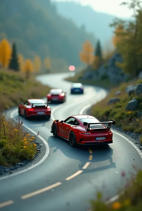 ((masterpiece, highest quality, Highest image quality, High resolution, Extremely detailed photography, 8k wallpaper)), cinematic shot of miniature world, with sport cars and road, blurred background 