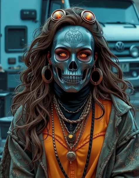 A beautiful and plump female hippie bohemian artist donning an exotic bohemian hippie style outfit, she carves a deceased Terminator model T-800 metal skull with her iconic hippie bohemian metal engraving art with insanely detailed and intricate arts at he...