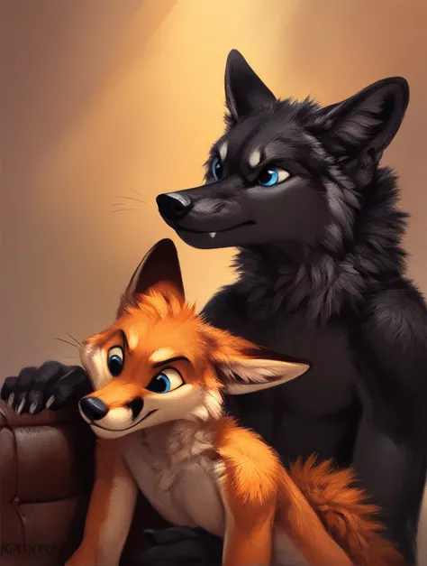 score_9, score_8_up, score_7_up, source_furry, rating_safe, by kenket, anthro, duo, male/male, wolf, black body, blue eyes, fox, orange body, doggy style, legs, disappointment, frustration, distress, fullbody portrait, chair
