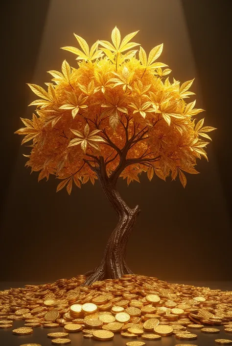 a money tree, intricate golden leaves, shimmering coins, photorealistic, highly detailed, 4k, masterpiece, ultra-detailed, hyperrealistic, impeccable lighting, volumetric lighting, dramatic lighting, cinematic lighting, lush foliage, elegant and refined, o...