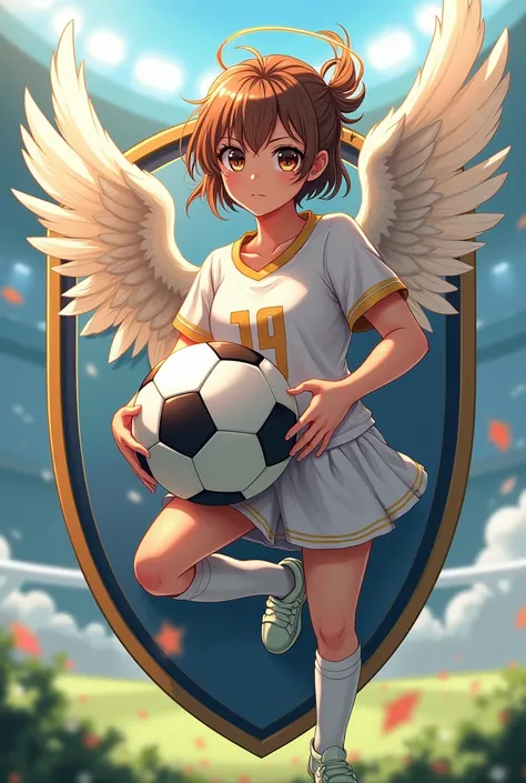 Create a soccer team shield with a ball and a teenage angel holding it,type anime