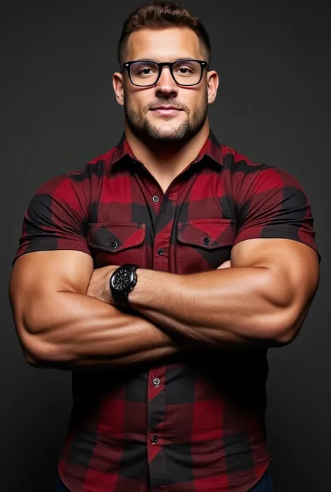 Nick Bosa, muscular, chiseled jaw, strong physique, undercut haircut combed back, short beard, showing off his well-defined physique. His skin glistens with sweat, highlighting his bulging muscles, Muscular man radiates confidence and power, his defined an...