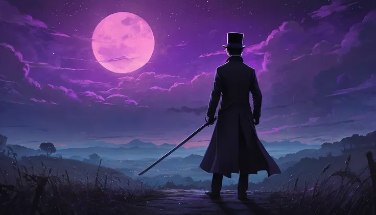 Anime style scene ， depicts an amazing atmosphere of a man wearing a top hat 、 scene of a man in a top hat holding a sword ,   conceptual art by Jakub Schikaneder , tumblr,  conceptual art , dark atmosphere illustration , Background Artwork,  purple space ...