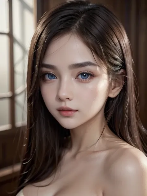 (((32ｋ,high details,high detail、masterpiece,attention to detail,alone))),Raw photo & realistic atmosphere,beautiful dark blue eyes,detailed mouth,glossy lips,thin eyebrows,fine eyes、Soft white skin that shines in every detail、Her deep black eyes are very b...