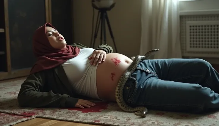 make a picture of an Muslim girl, 25 years old wearing a hijab, unbuttoned saggy pants, and shirt, lying on the floor, big pregnant belly, stomach bleeding, two snakes coming out of his stomach. facial expression screaming in pain.