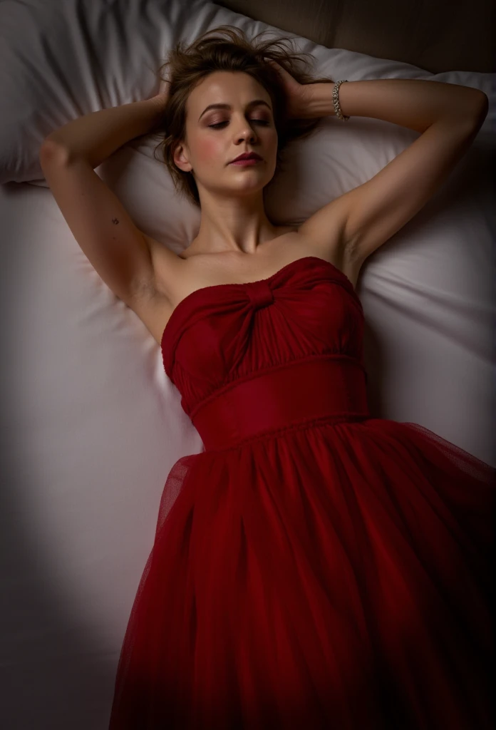 Carey Mulligan, picture from above, lying limp on a bed on back, red strapless dress , drunk face, arms up