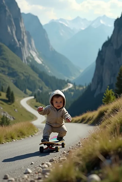 Baby on a skateboard going down a mountain 