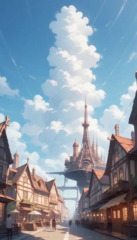  super detailed ,   High Details  ,  High Quality , 8k,  Miyazaki style,  A Steampunk Inspired City in the Sky, Clouds and Diverse Buildings , Exuding mystery and technology --v 6