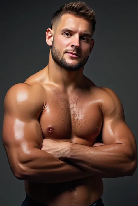 Nick Bosa, muscular, chiseled jaw, strong physique, undercut haircut combed back, short beard, showing off his well-defined physique. His skin glistens with sweat, highlighting his bulging muscles, Muscular man radiates confidence and power, his defined an...