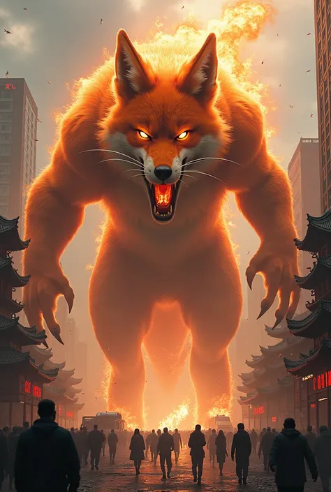 A giant fox attacking a Chinese city