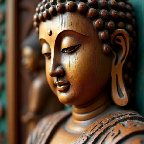 A close-up of an intricately carved Buddha image, with the fine details of the wood grain highlighted. The background features rich, earthy tones of brown and gold, with a subtle accent color like deep green or turquoise framing the carving. The font for "...