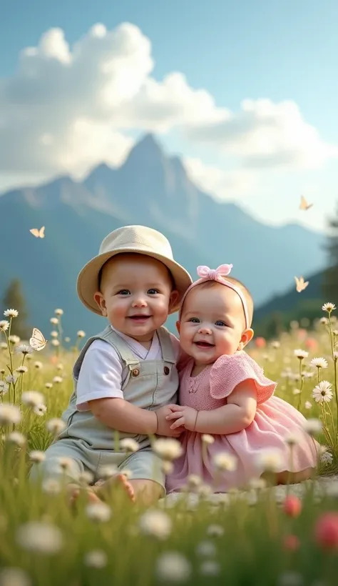  Generate a very realistic image , standing, full body image of a 1-month-old male baby wearing an old casual outfit and hat holding a 1-month-old female baby with one hand wearing a flowery knee-length old pink dress.  with both body and face facing the c...