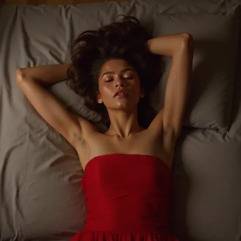 Zendaya, picture from above, lying limp on a bed on back, red strapless dress , drunk face, arms up