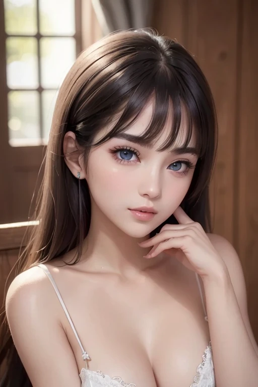 (((32ｋ,high details,high detail、masterpiece,attention to detail,alone))),Raw photo & realistic atmosphere,beautiful dark blue eyes,detailed mouth,glossy lips,thin eyebrows,fine eyes、Soft white skin that shines in every detail、Her deep black eyes are very b...