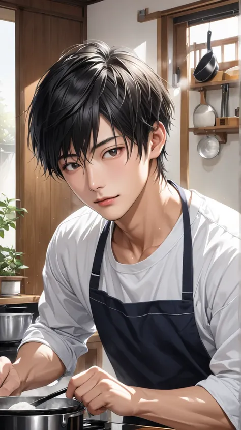 (photorealism:1.2),  very Handsome japanese man, 22-27 year-old,  cooking at home, 