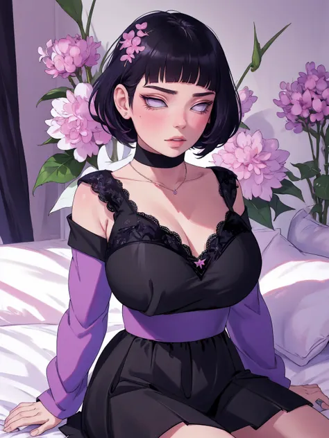 (masterpiece) (huge titusty, masterpiece, absurdres, hinata(boruto), 1girl, solo,mature female, off-shoulder bra, high waist short skirt, looking at viewelling petals), perfect composition, detailed lips, big breast, beautiful face, body propotion, blush, ...