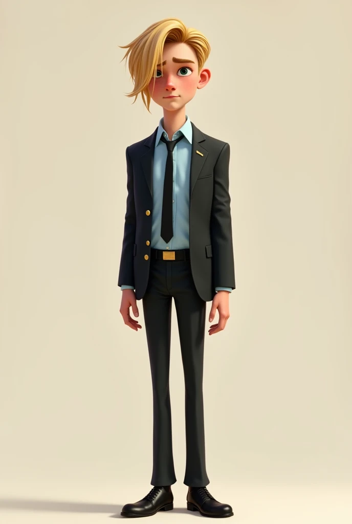 a tall young man with long legs and chin-length blond hair that he keeps brushed over one side of his face wearing a light blue shirt, a black suit with gold buttons, a black tie and black shoes in pixar style 