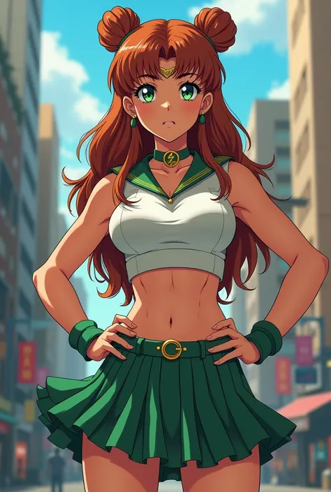 Sailor jupiter in street crop top and skirt, 90s anime style, hands on hips