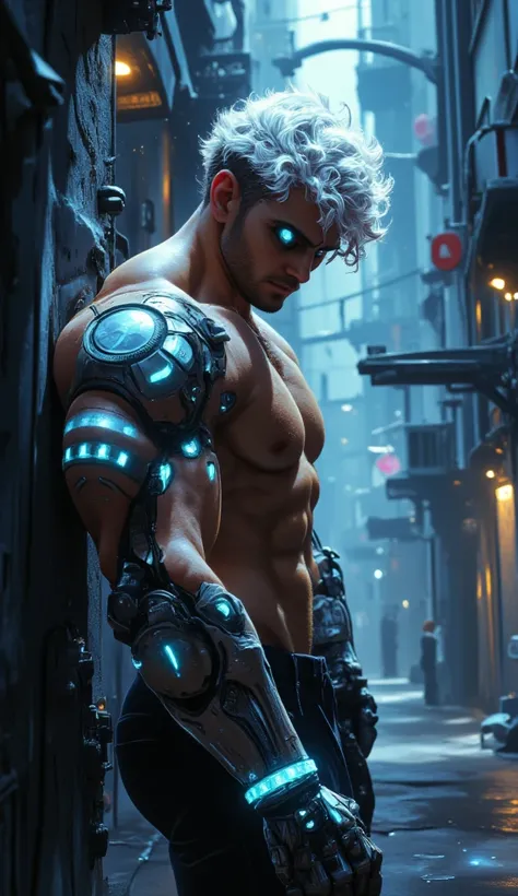 black man with a defined physique from several years of training, curly hair with white highlights, masculine face with a well-defined jaw, 1 white bionic eye (left), shirtless, with one side of a cyberpunk mechanical arm with white lights, leaning against...