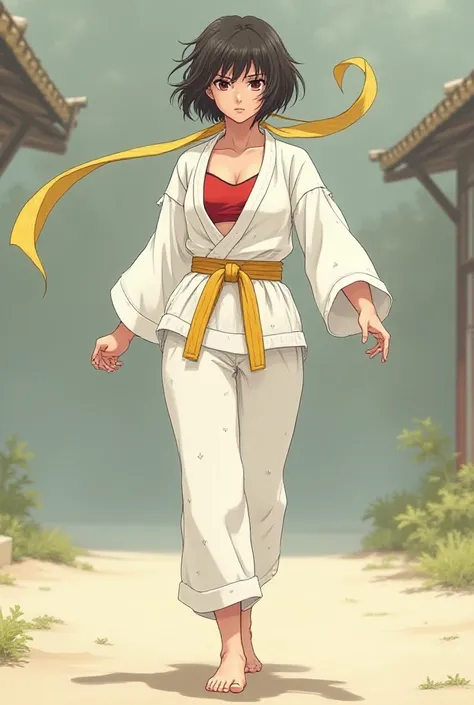  Makoto sports a karate with small spots . underneath,  she wears a red sports bra .  Around her neck is a long hachimaki , yellow (headband )  that goes down behind her back .  Her hair is short and a bit messy ,  and she walks barefoot .  Her body is ver...